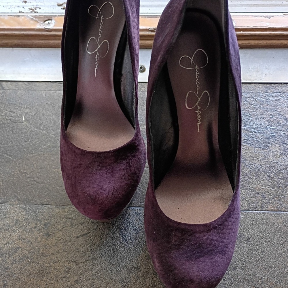 Jessica Simpson Platform Pumps Womens 7.5 Purple Good Velvet Wood Double Stack